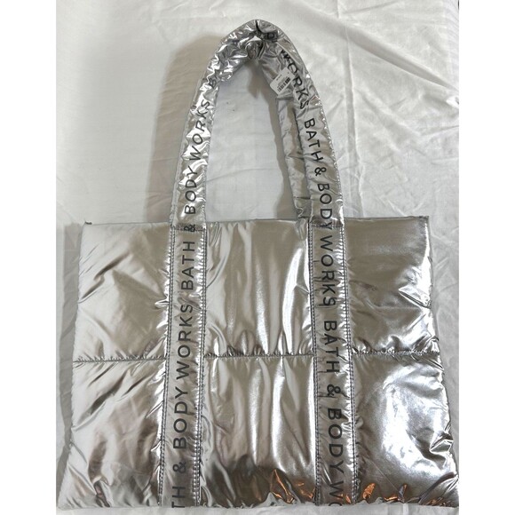 NWT Bath & Body Works 2024 Black Friday Large Silver Shiny Puffer Tote Bag - Picture 2 of 8